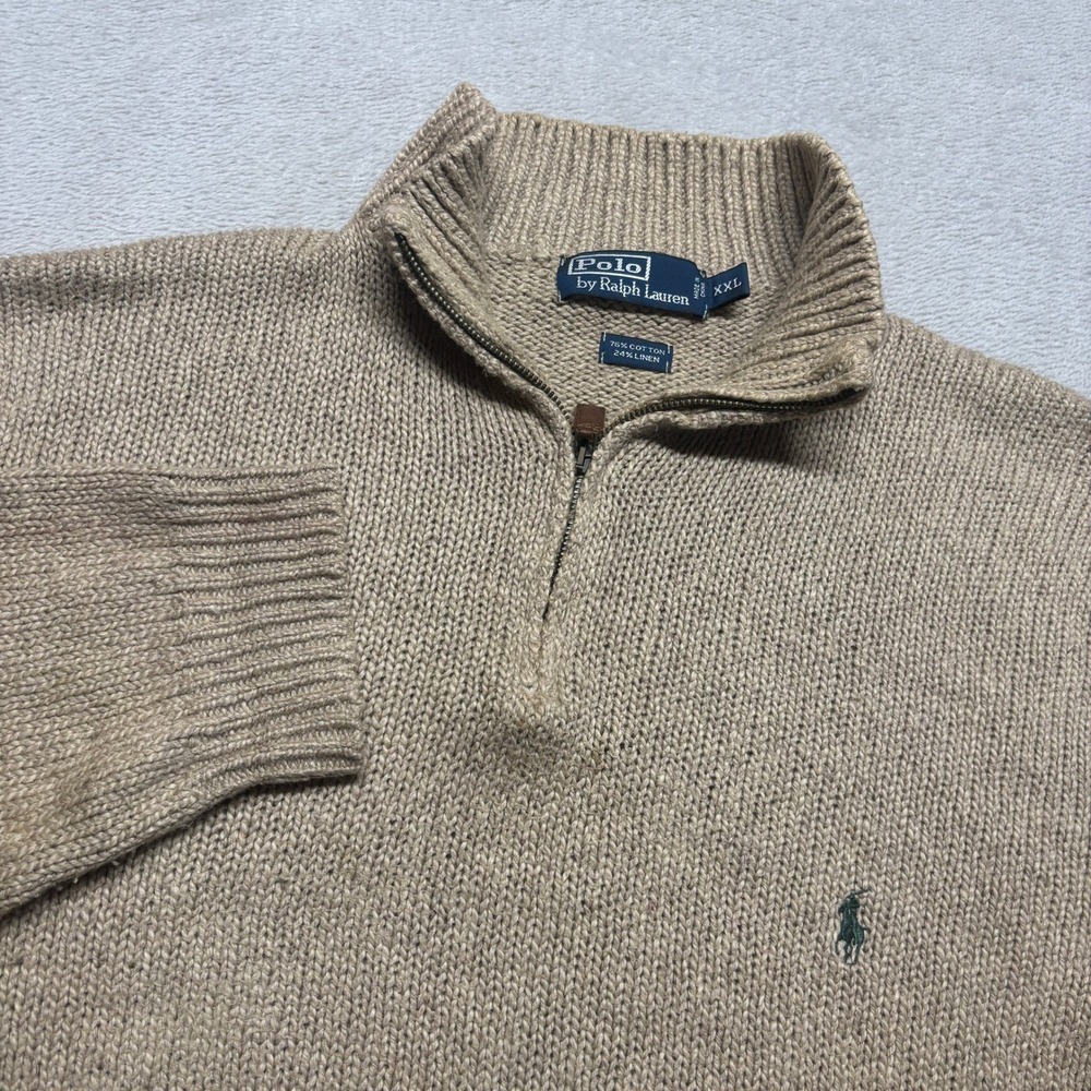 Polo Ralph Lauren Sweater Mens XXL 1/4 Quarter Zip Tan Cotton Linen